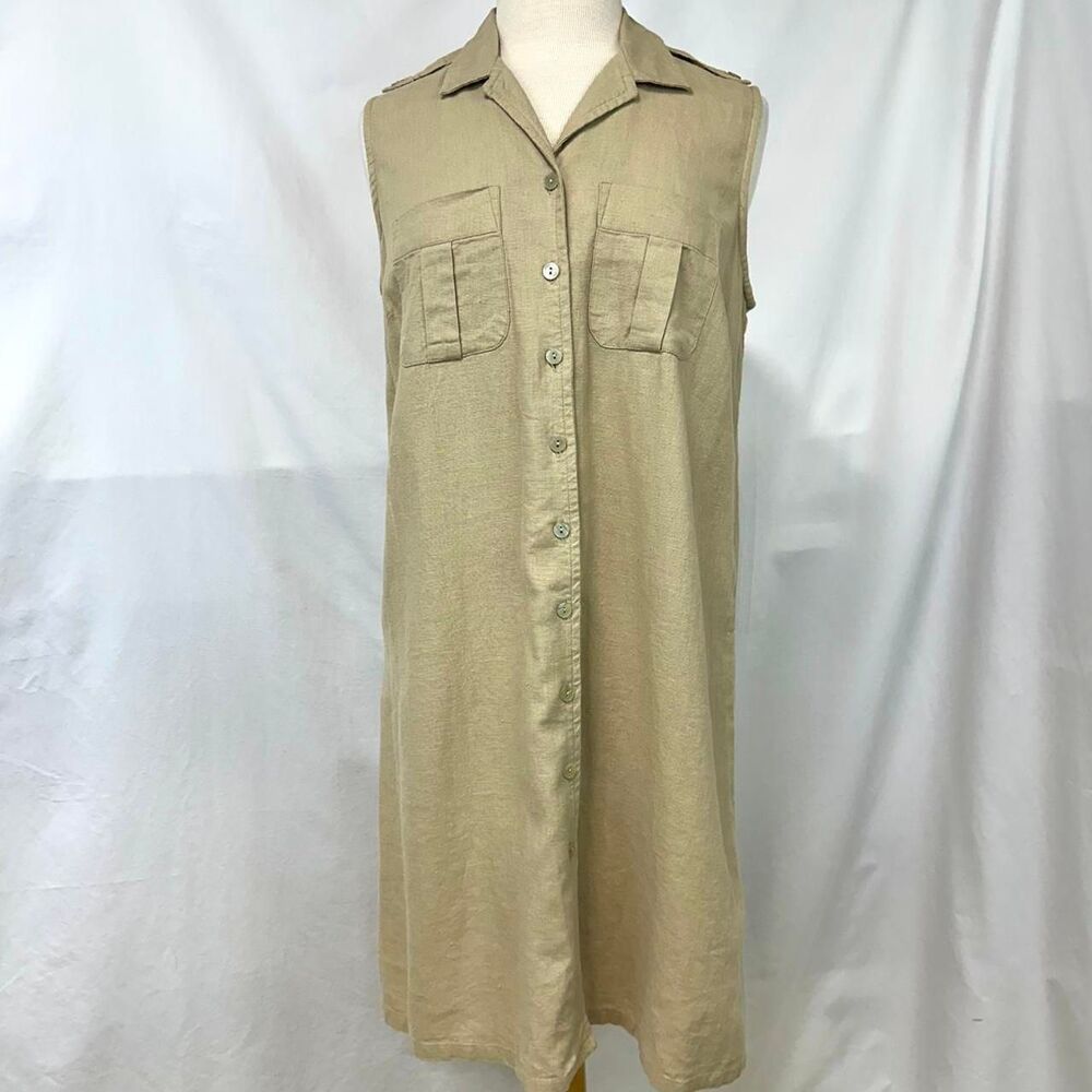 WHITE STAG Vintage 90s Tan Linen Sleeveless Button Front Shirt Dress Pockets M‎